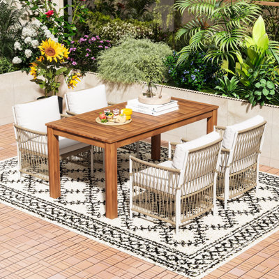 5Pcs Patio Dining Set with 67" Acacia Wood Table and 4 Handwoven PE Rattan Cushioned Armchairs