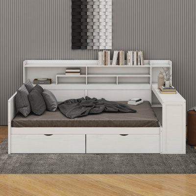 Lit de jour double (en bois) - Conception multifonctionnelle avec tablettes de rangement, 2 tiroirs et bureau d'étude