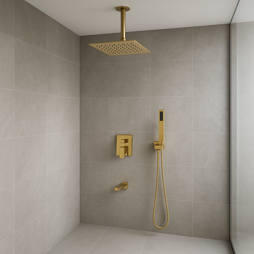 L'aquila Gold-Tone Brass Ceiling Mount Shower Set with Rainfall Showerhead FontanaShowers