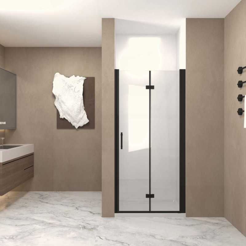 Bifold Shower Door, 1/4"(6Mm) Tempered Glass, Aluminum Frame, Explosion Proof Film, Matte Black