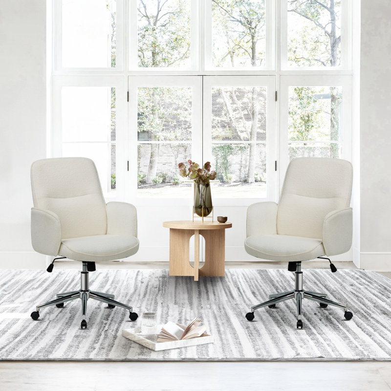 Comfy Upholstered Fabric Computer Desk Chair with Armrests and Wheels, Beige
