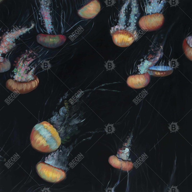 Colorful jellyfishes swimming in the dark - 26"x26" Throw pillow cover - Poly twill - Print on demand