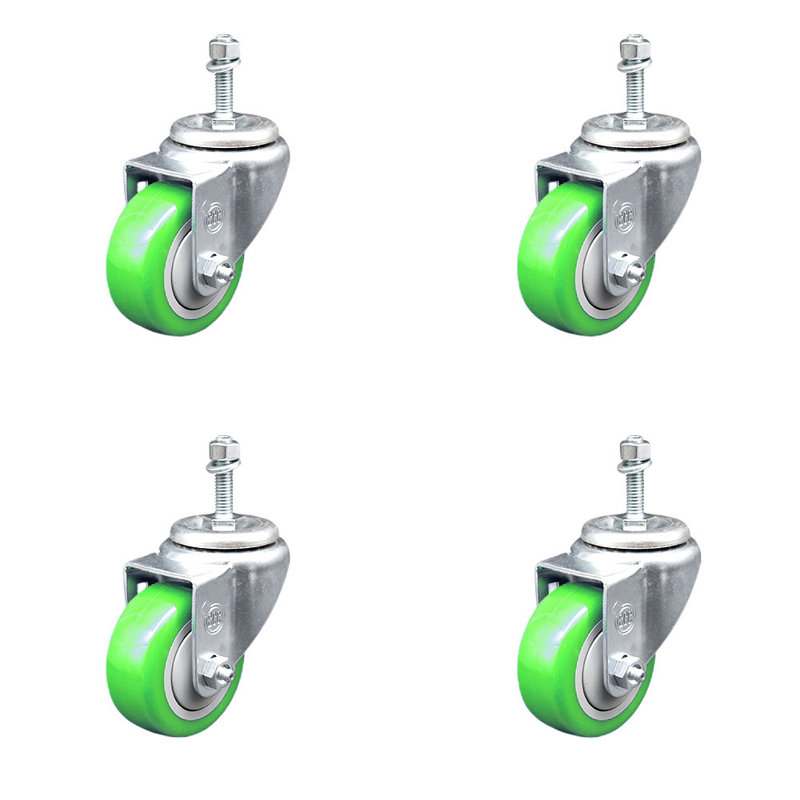 Ensemble de roulettes à tige filetée en polyuréthane pivotant 10 mm 3 pouces SCC, Vert