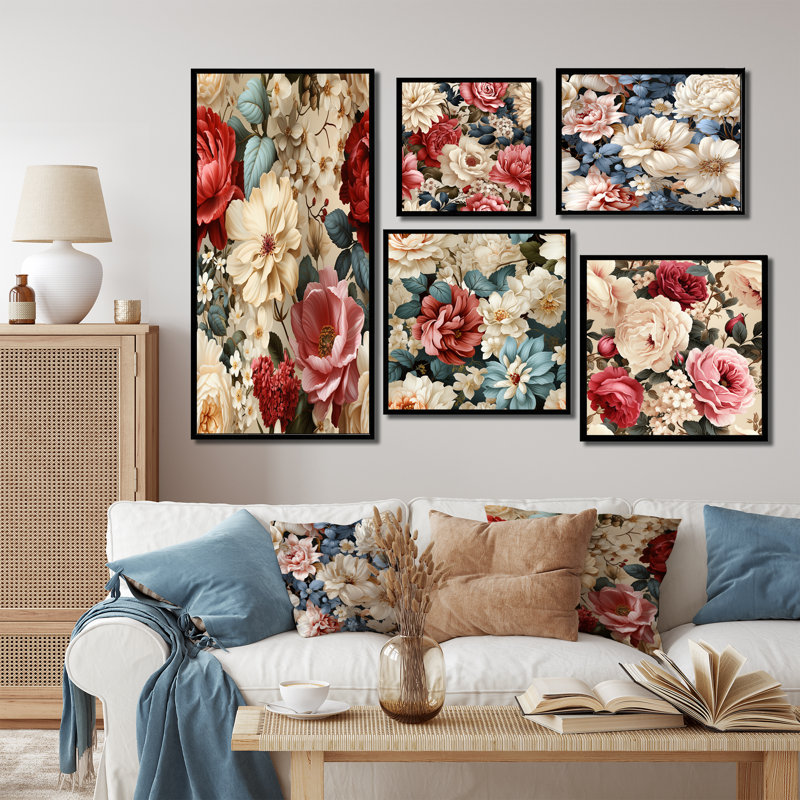 Boniface - ensemble de 5 impressions murales florales, Cadre flottant noir