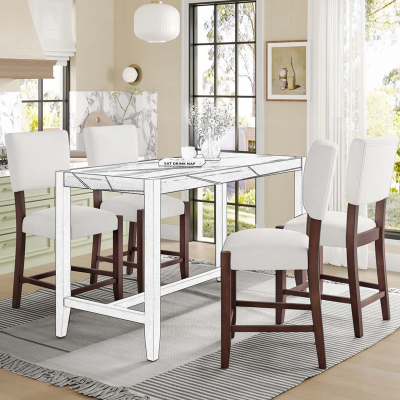 Upholstered Barstools with Solid Wood Legs, Beige
