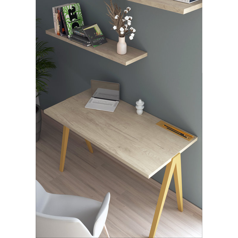 Dikili Solid Wood Base Writing Desk, Light Oak/Mustard