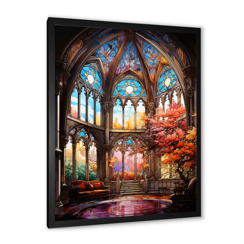«Church Stain Glass Windows II - Church», reproduction d'art sur toile encadrée, Cadre simple noir