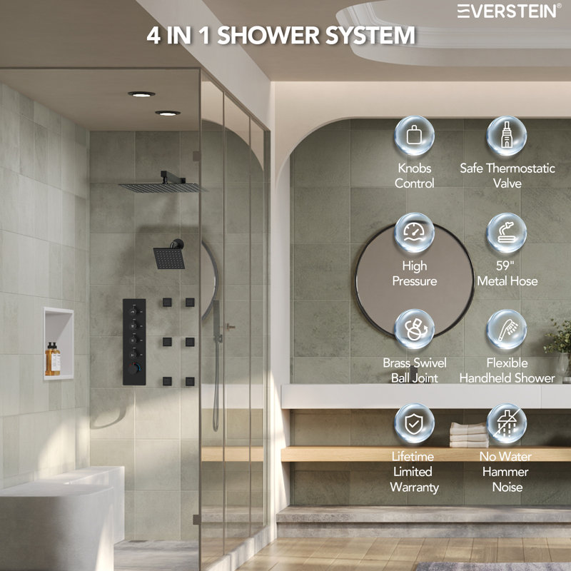  Thermostatic Dual Showerheads System, Wall Mount 16" High-Pressure Rainfall Shower Faucet with Handheld Spray and Body Jet