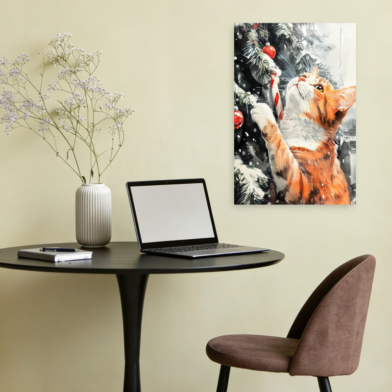 Curious Christmas Cat Playful Abstract Contemporary Christmas Tree Cat Winter Landscape Wall Art Print 1 Piece Wrapped Canvas Wall Art