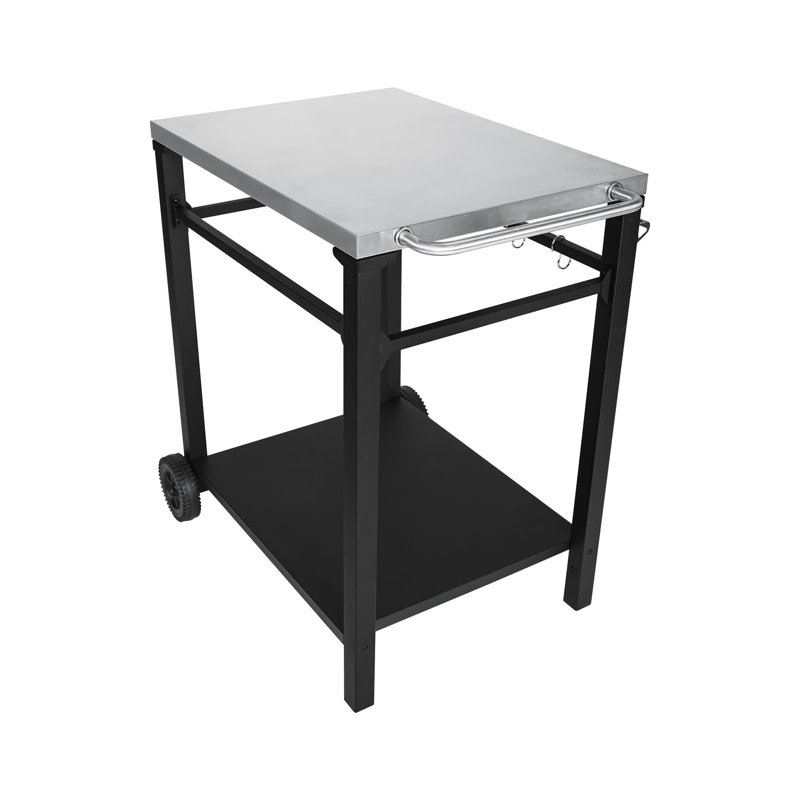 Chariot de barbecue extérieur à 2 niveaux, plateau en acier inoxydable, structure noire, grandes roues, crochets pour ustensiles, table de préparation de barbecue mobile pour terrasse, jardin, support pour four à pizza, grand chariot de rangement inférieur, et