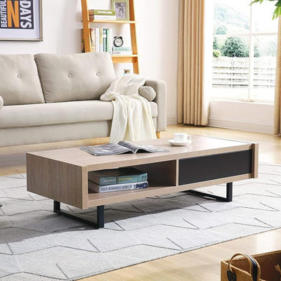 Table basse de salon Mid-Century moderne en frêne avec pieds en métal durables et rangement spacieux