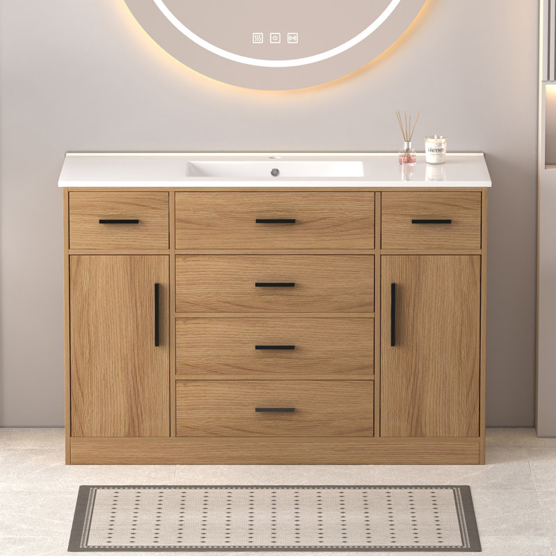 Meuble-lavabo 48 po en chêne clair. Armoire de rangement abondante - 2 portes à fermeture douce et 6 tiroirs