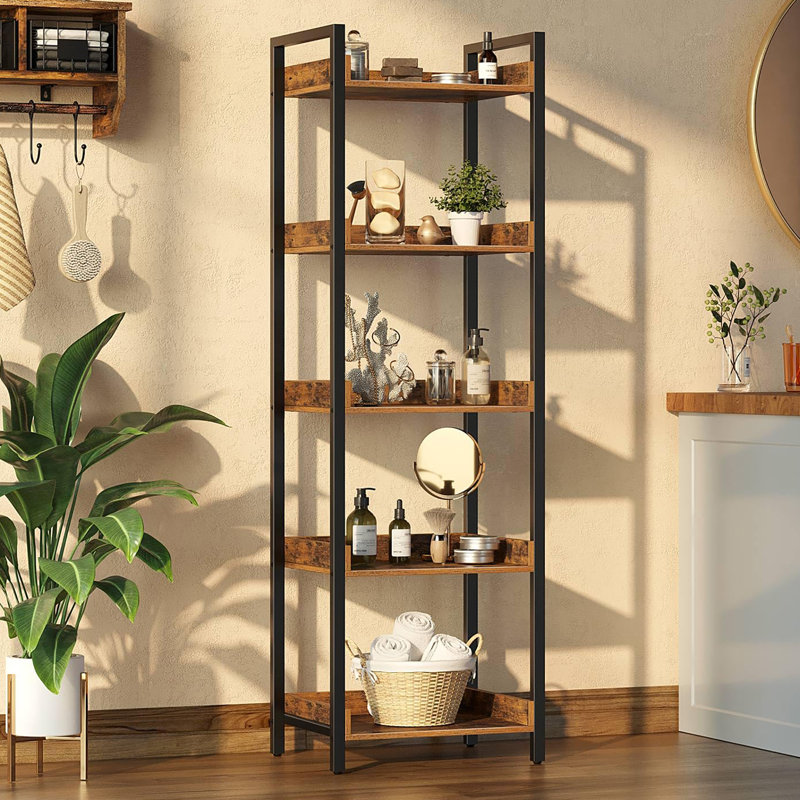 5 Tier Narrow Corner Bookshelf, Wooden Display and Storage, Rustic Brown, 54" H x 15" W x 11" D