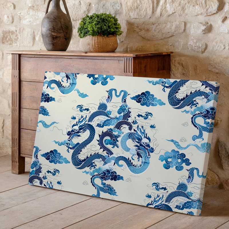 Toile créant un motif sans couture avec des dragons de conception complexe dans un art mural de style chinois traditionnel avec chaque dragon