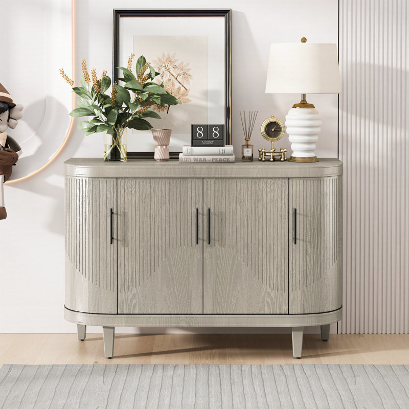 Latitude Run® Modern Curved Sideboard 47.2-Inch Decorative Storage Cabinet Wooden Console Table Coffee Bar Cabinet With 4 Doors And Adjustable Interior Shelves