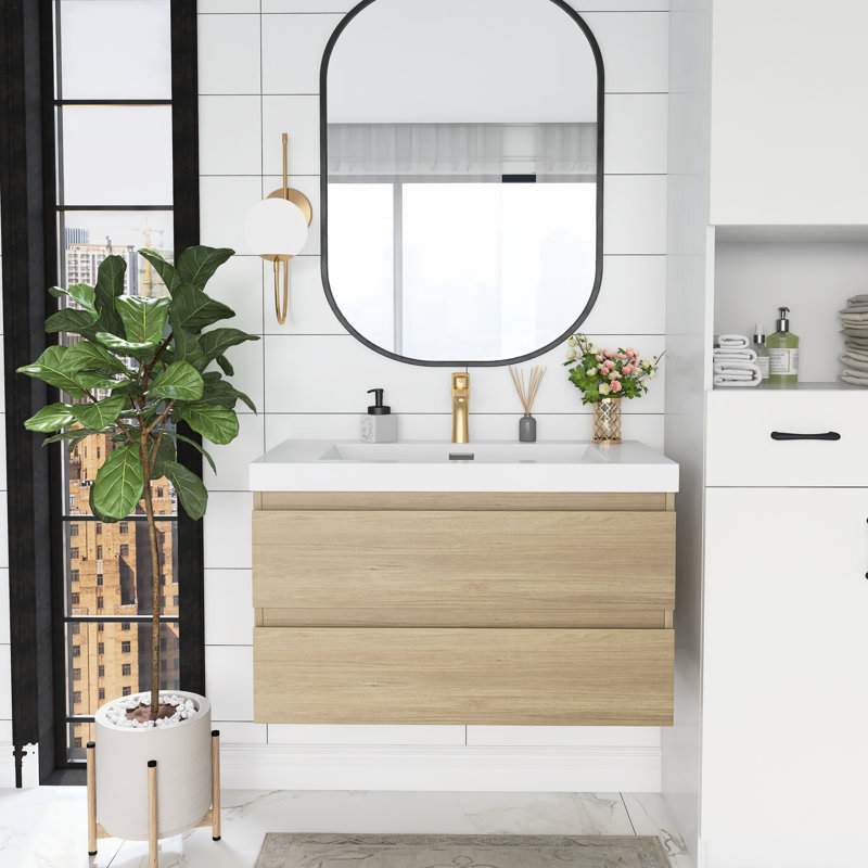 Kreelynn 36'' Single Bathroom Vanity with Resin Top, Natural Oak