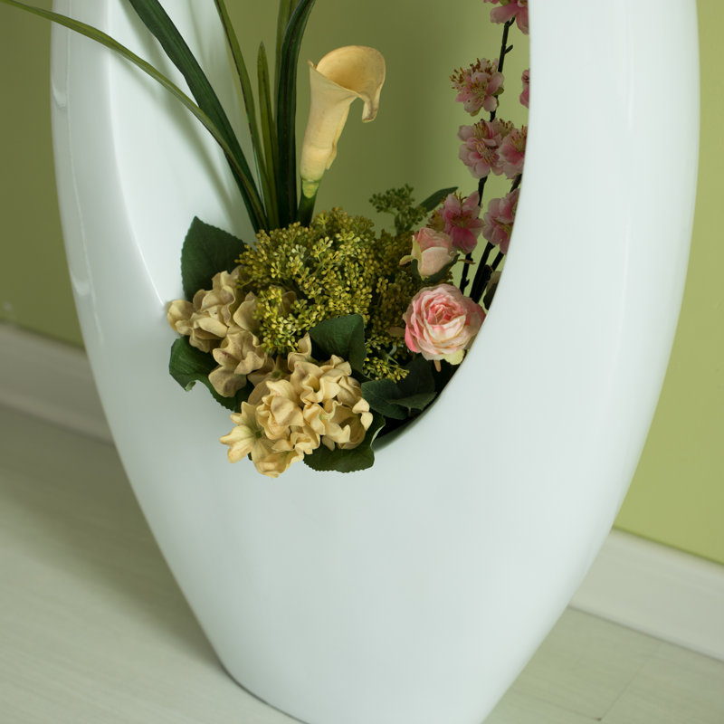 Support à fleurs moderne et décoratif pour centre de table en forme de vase ovale blanc pour salon, vestibule ou salle à manger, 40 po