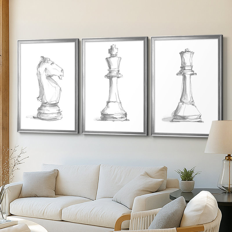 Chess Room Study I - Toile tendue avec châssis sur mesure - 3 pièces, Argent argent, H 39 po x l 81 po