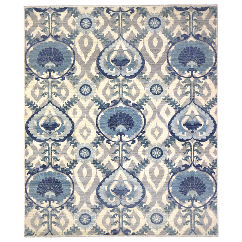 Tapis unique ivoire / sarcelle / gris 8 pi 2 po x 9 pi 11 po One-of-a-Kind