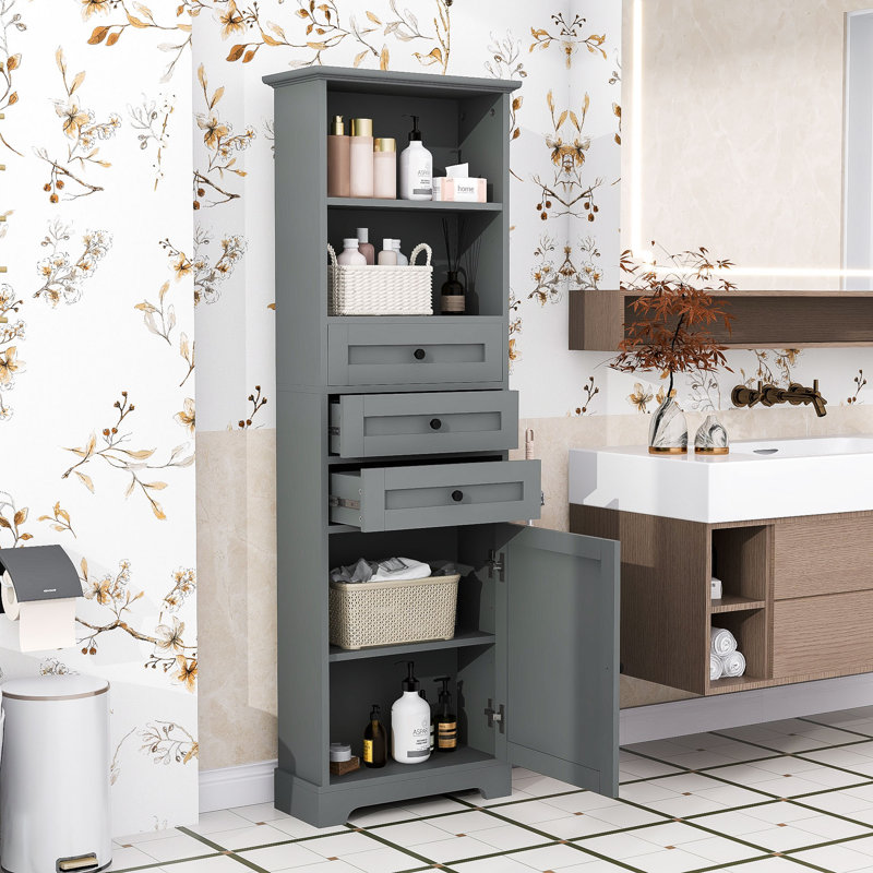 Tall 3 Drawers Bathroom Storage Cabinet with Adjustable Shelves, Gray