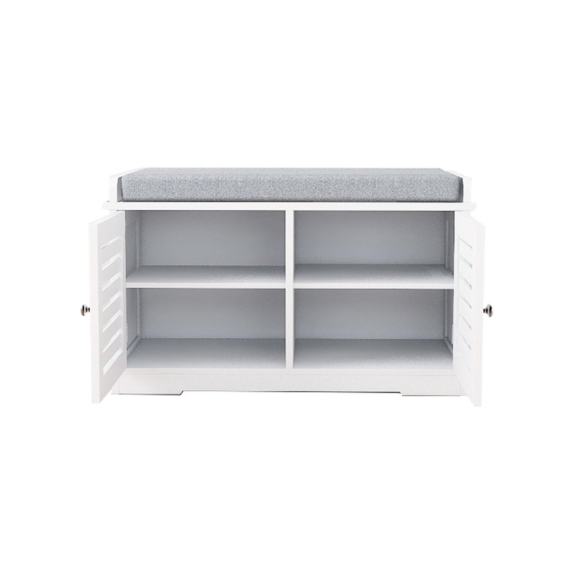 Banc à chaussures blanc avec 2 compartiments et siège rembourré - Portes de grange de rangement
