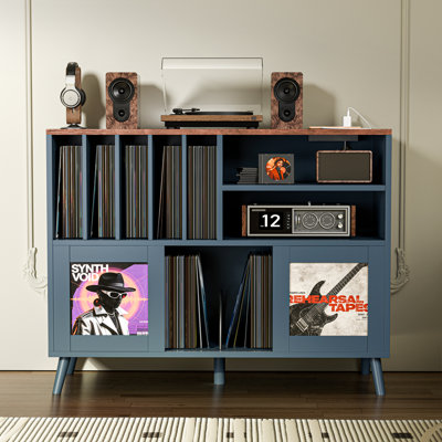 Meuble pour platine vinyle XL avec portes coulissantes, rangement pour plus de 500 disques vinyles avec station de charge et ports USB, table pour platine vinyle de style moderne du milieu du siècle, support pour platine avec pieds en bois pour salon