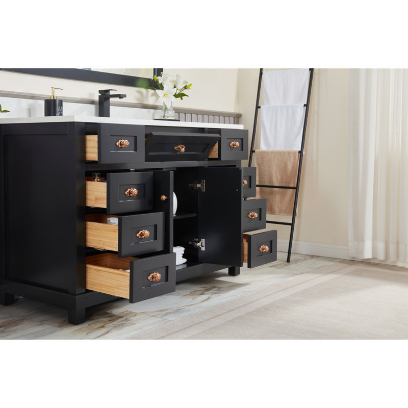 Meuble-lavabo 48 po en bois massif avec comptoir en pierre reconstituée, lavabo simple, Noir tricorne, Or rose