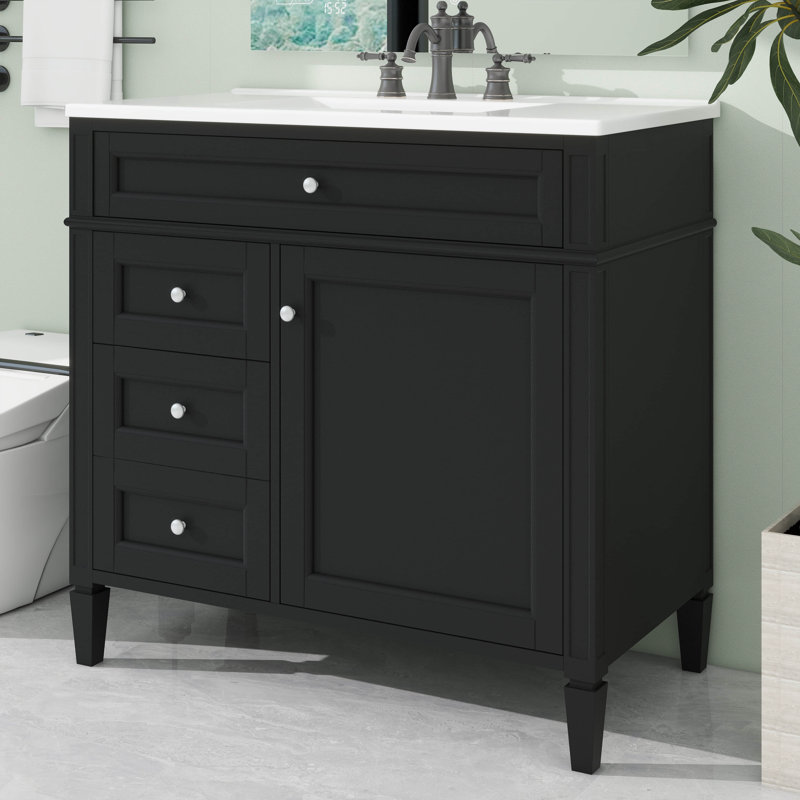 Meuble-lavabo de 36 pouces avec lavabo sur le dessus, armoire de rangement moderne, 2 tiroirs et tiroir supplémentaire, Noir