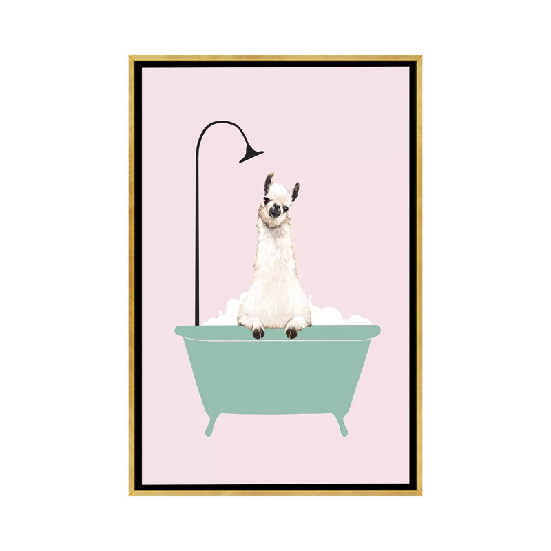 Lama profitant d'un bain moussant, Toile encadrée d'or, H 40 po x l 26 po x P 1,5 po