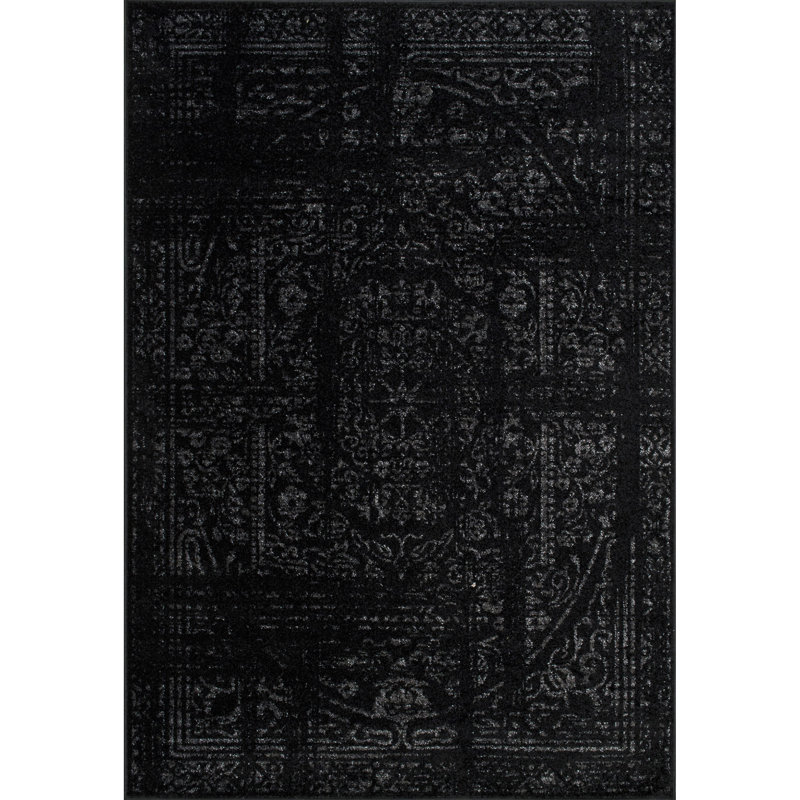Adetoun Traditional Power Loom Performance Black/Gray Rug, Rectangle 3' x 5'