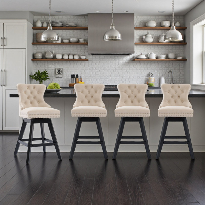 Tabourets de bar pivotants en velours avec décoration capitonnée et pieds en bois Cicero, Beige, 4