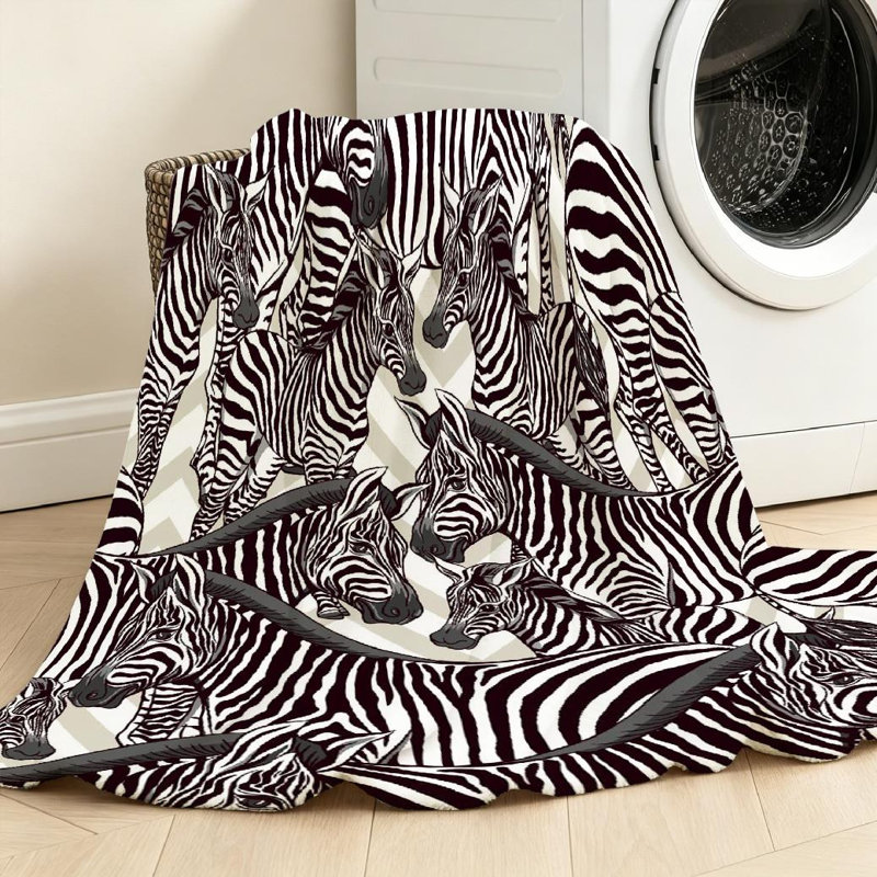 Jeté en molleton blanc ultra doux en flanelle avec imprimé zébré et gris, Jeté 50 po x 60 po