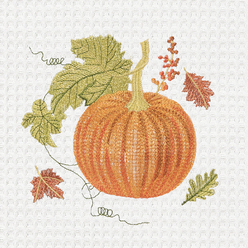 Orange Autumn Embroidered Waffle Weave Thanksgiving Kitchen Towel