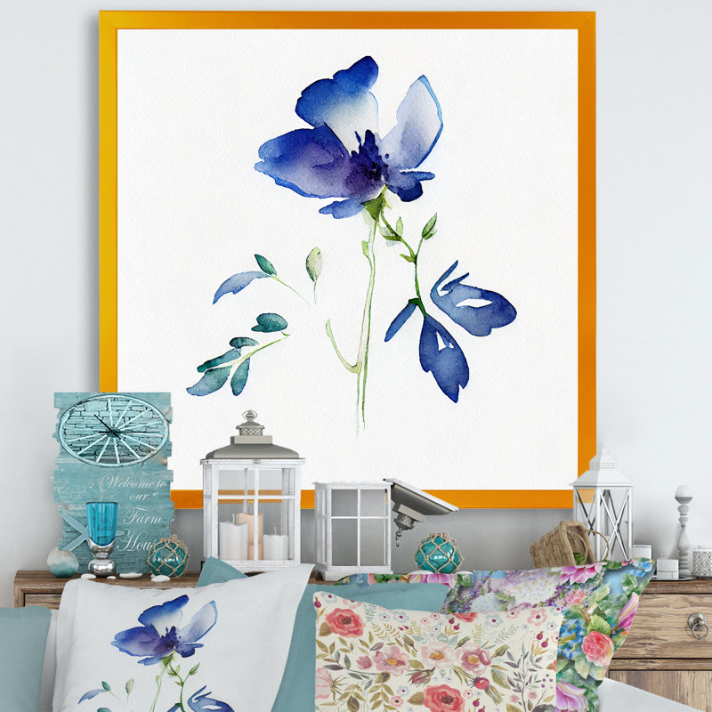 «Blossoming Blue Retro Flower VI», reproduction sur toile, H 16 po x l 16 po x P 1 po, Impression dorée sur toile encadrée