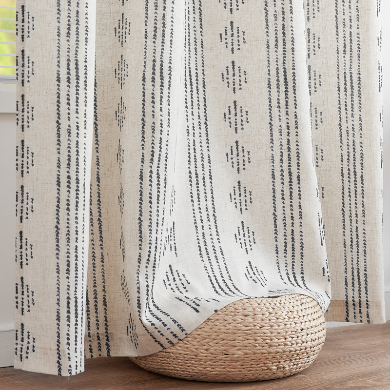 Linen Blend Semi-Sheer Rod Pocket Curtain Pair, Black on Beige, 38" W x 63" L