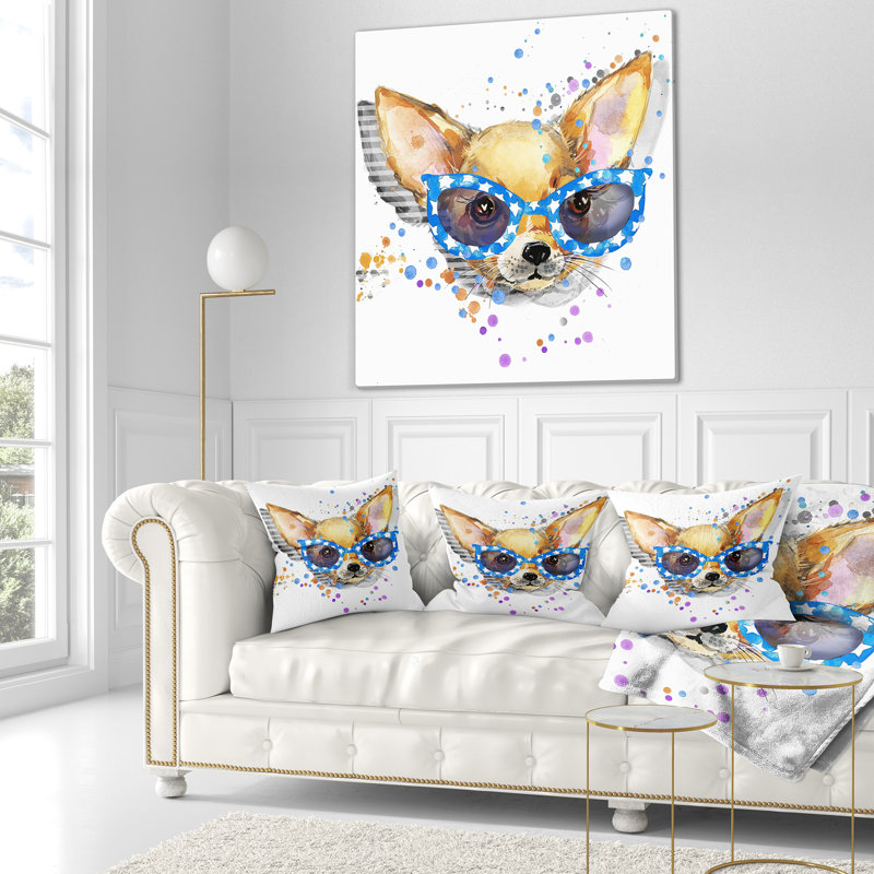 Mignon chiot avec des lunettes bleues - Coussin imprimé animal, 16 po x 1 po, Coussin décoratif
