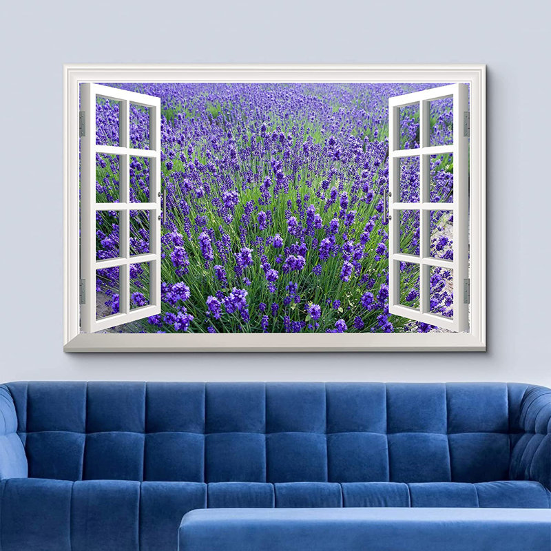 Fenêtre, paysage, lavande mauve, champ dans une fenêtre ouverte, impression sur toile tendue, H 24 po x l 36 po