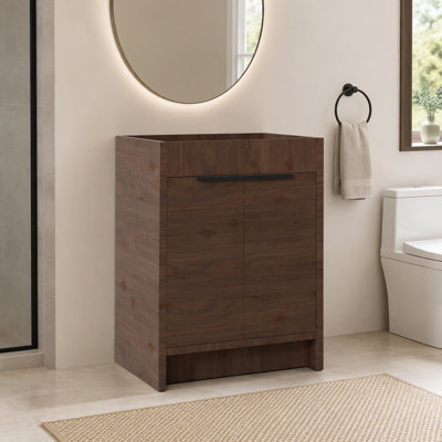 Armoire de meuble-lavabo autoportante 24 po, contreplaqué, portes doubles à fermeture douce, rangement intérieur spacieux, armoire seulement, lavabo non inclus, brun