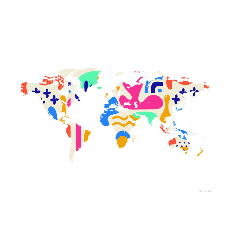 Carte du monde abstraite et colorée - reproduction sur toile tendue, H 12 po x l 16 po