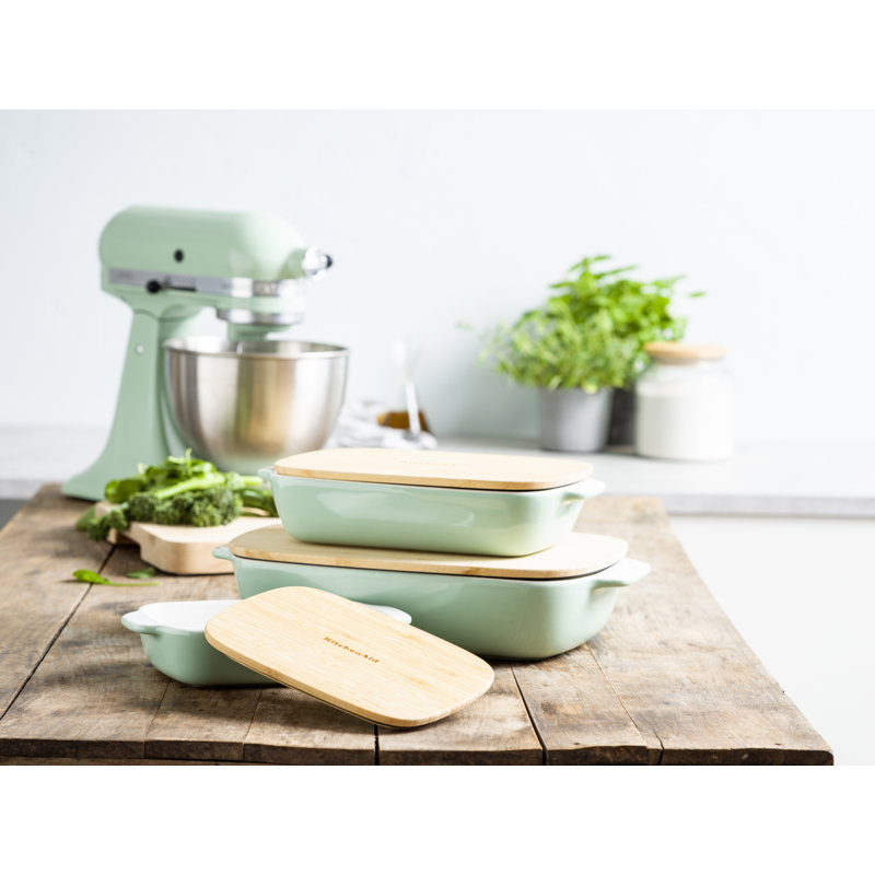 KitchenAid Stoneware Rectangular Dish with Bamboo Lid, 20cm, Pistachio