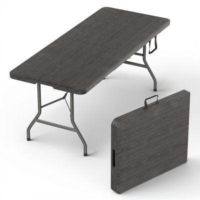6 Foot Black Foldable Table, Adjustable Height, Built-in Handle, Steel Legs, Heavy Duty Portable