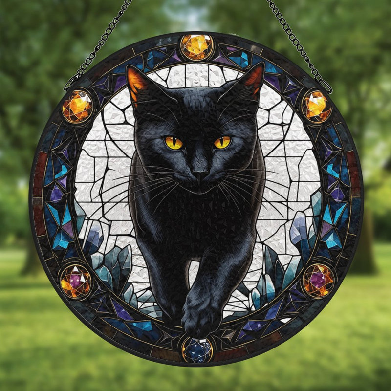 Chat noir avec vitrail de bijoux en vitrail pour fenêtre, 11,8 x 11,8 po (30 x 30 cm)