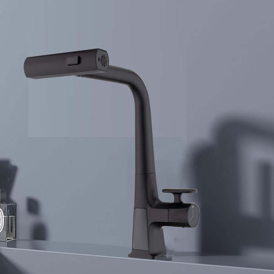 Robinet de cuisine moderne à poignée simple rotatif à 360 ° avec trois modes de sortie d'eau, affichage de la température et pulvérisateur rétractable