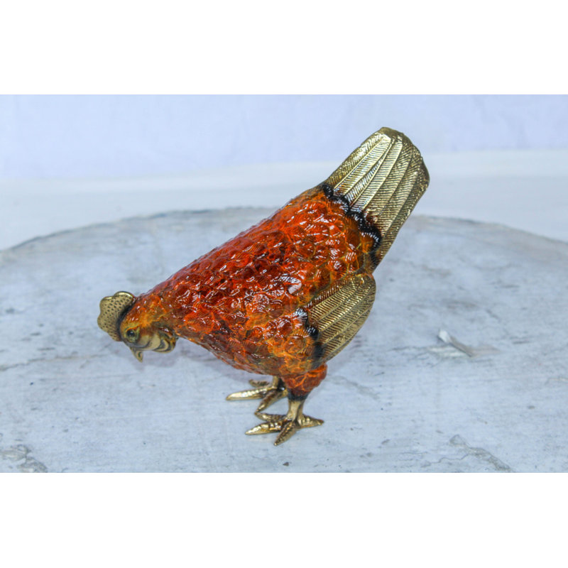 Figurine de poulet en bronze Nifao - Sculpture de ferme en émail rouge avec ailes et queue dorées - Moulage à la cire perdue fabriqué à la main - Collection rustique de décoration de cuisine et maison de campagne 8 po x 4 po x H 7 po