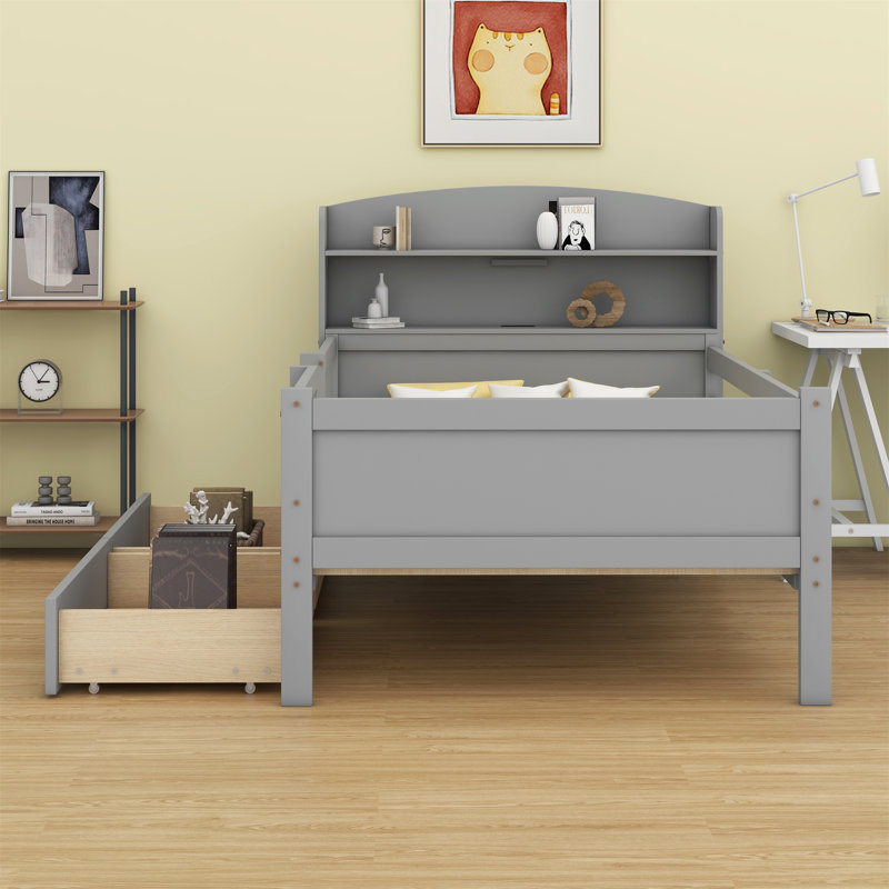 Lit plateforme en bois avec éclairage à DEL intégré, tête de lit multifonctionnelle, garde-corps et 2 tiroirs, Gris