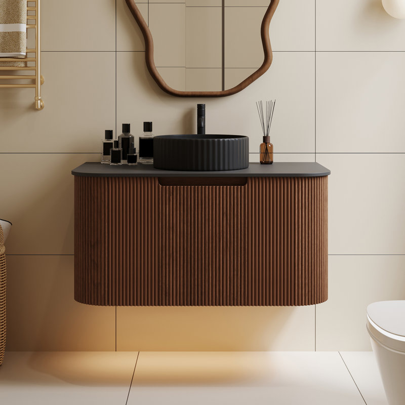 Meuble-lavabo de comptoir en pierre noir 36 po avec lavabo rond 36 po