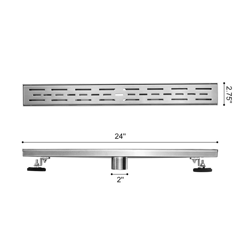 24 Inch Linear Shower Drain With Removable Brick Patterned Grate Cover, 304 Stainless Steel Shower Floor Drain With Hair Strainer And Leveling Feet
