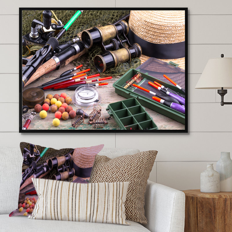 " Fishing Supplies Layout ", 24" H x 32" W x 1" D, Black Floater Framed
