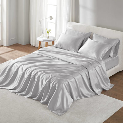Grey 4 Pcs Twin 100% Satin Luxury Sheet - Wrinkle , Smooth And Silky, Tames Frizz, Fitted For 16" Mattresses, Open Ended Pillowcases, Helps With Hair Breakage,