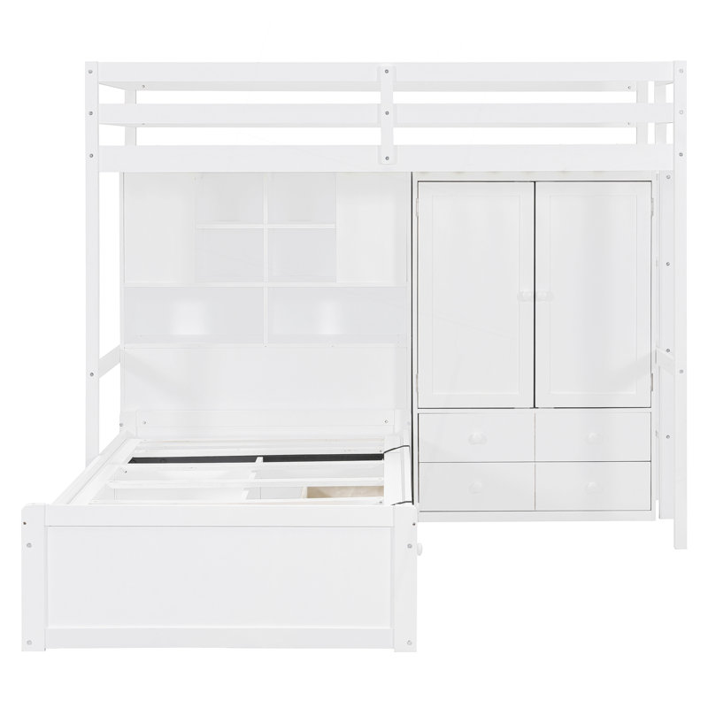 Lit superposé simple avec tiroirs, garde-robe, tablettes de rangement et lit hydraulique, Blanc